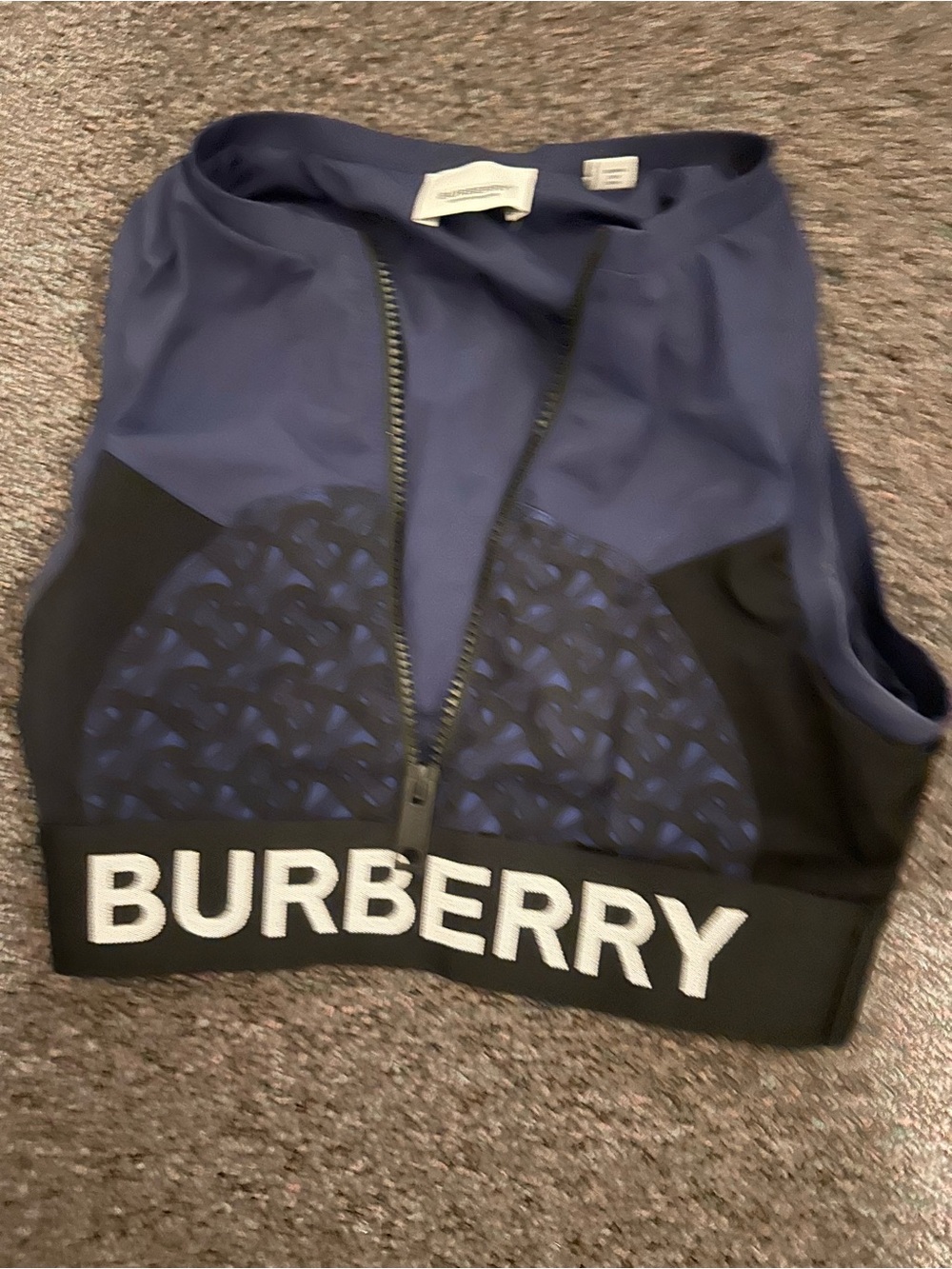 Burberry Navy & Black Zip-Front Logo Sports Bra